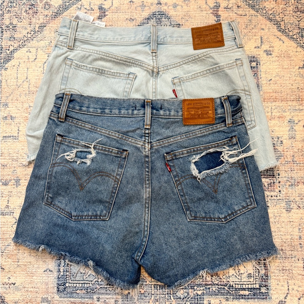 2 pairs Levi's Wedgie Women's Jean Shorts in Light Blue and Dark Blue